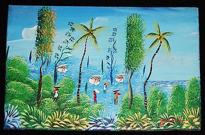 1980's Haitian Acrylic Mini Painting "Blue Village" by illegible signed (Stea)