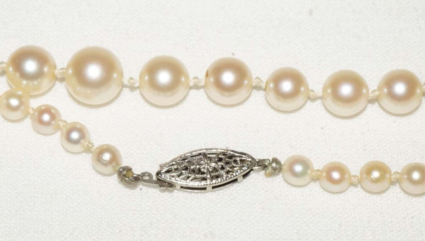 Vintage Graduated Pearl Necklace 23" w. 14k White Gold Filigree Clasp (KoS) L15