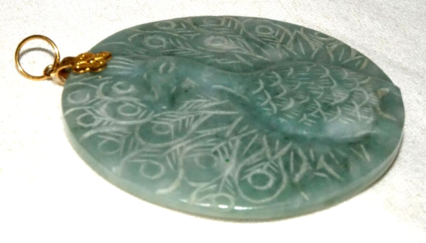 Vintage Chinese Blue Green Jade Disk pendant w. Peacock Motif (InS)#L4