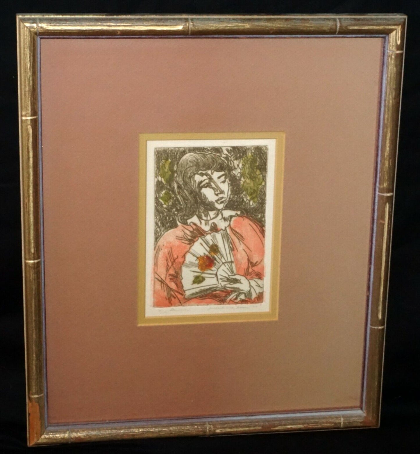 '70s Hawaii Color Etching Print Summer Girl w. Fan by Juliette May Fraser (MaM)