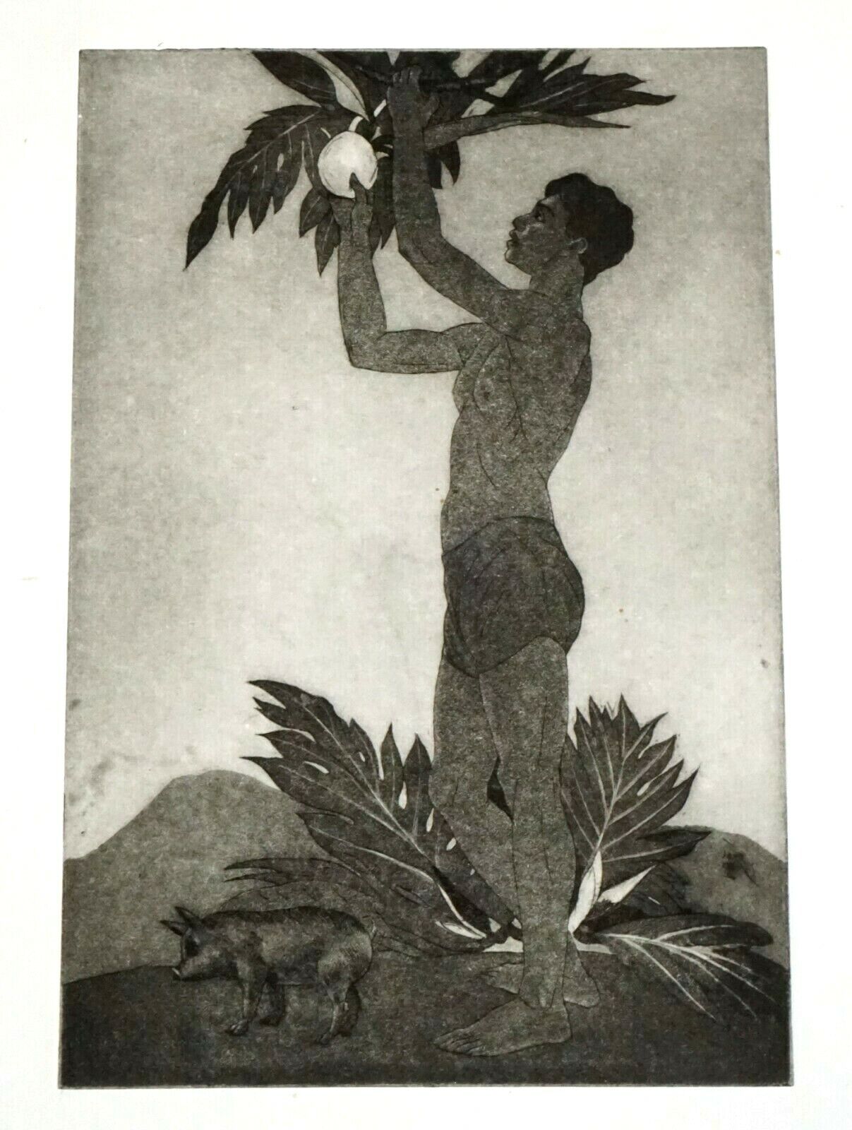 1939 Hawaii Etching Aquatint Print Breadfruit Boy by John Melville Kelly (Kel)