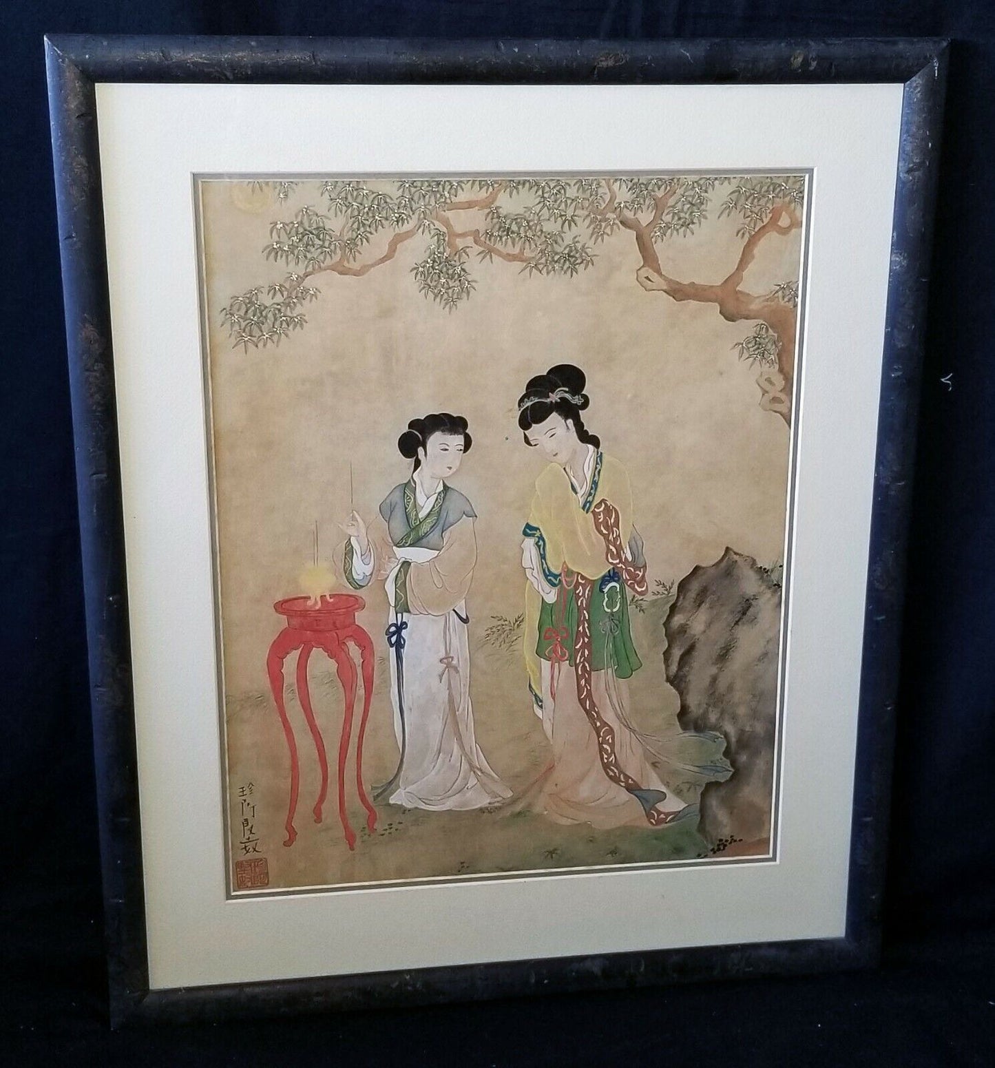 Vintage Chinese Framed Painting "Two Woman in a Garden" by Zhen O Jian Nu (WiR)