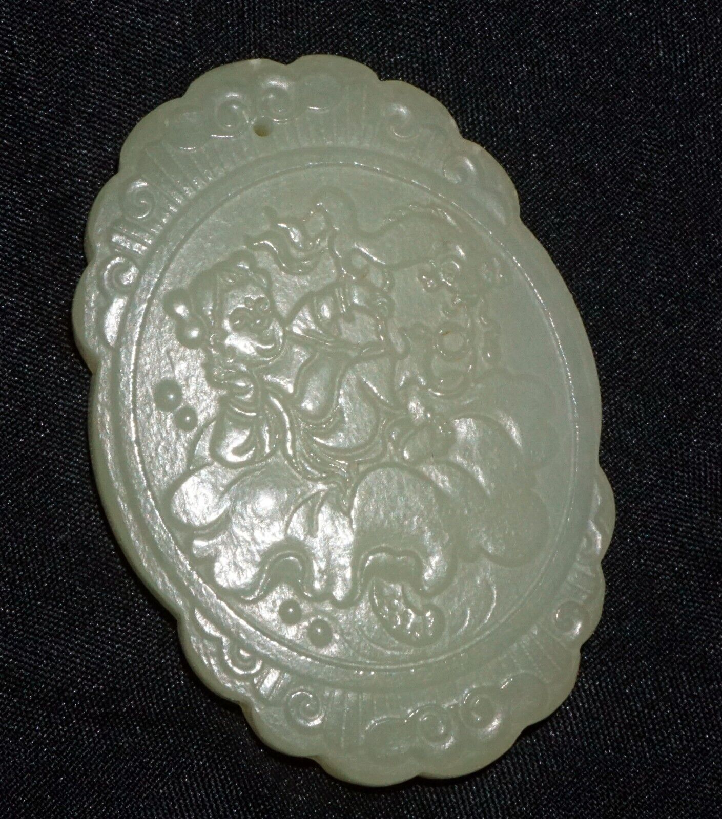 Modern Chinese Nephrite Jade Plaque Pendant w. Figure & Flower Motifs (---)