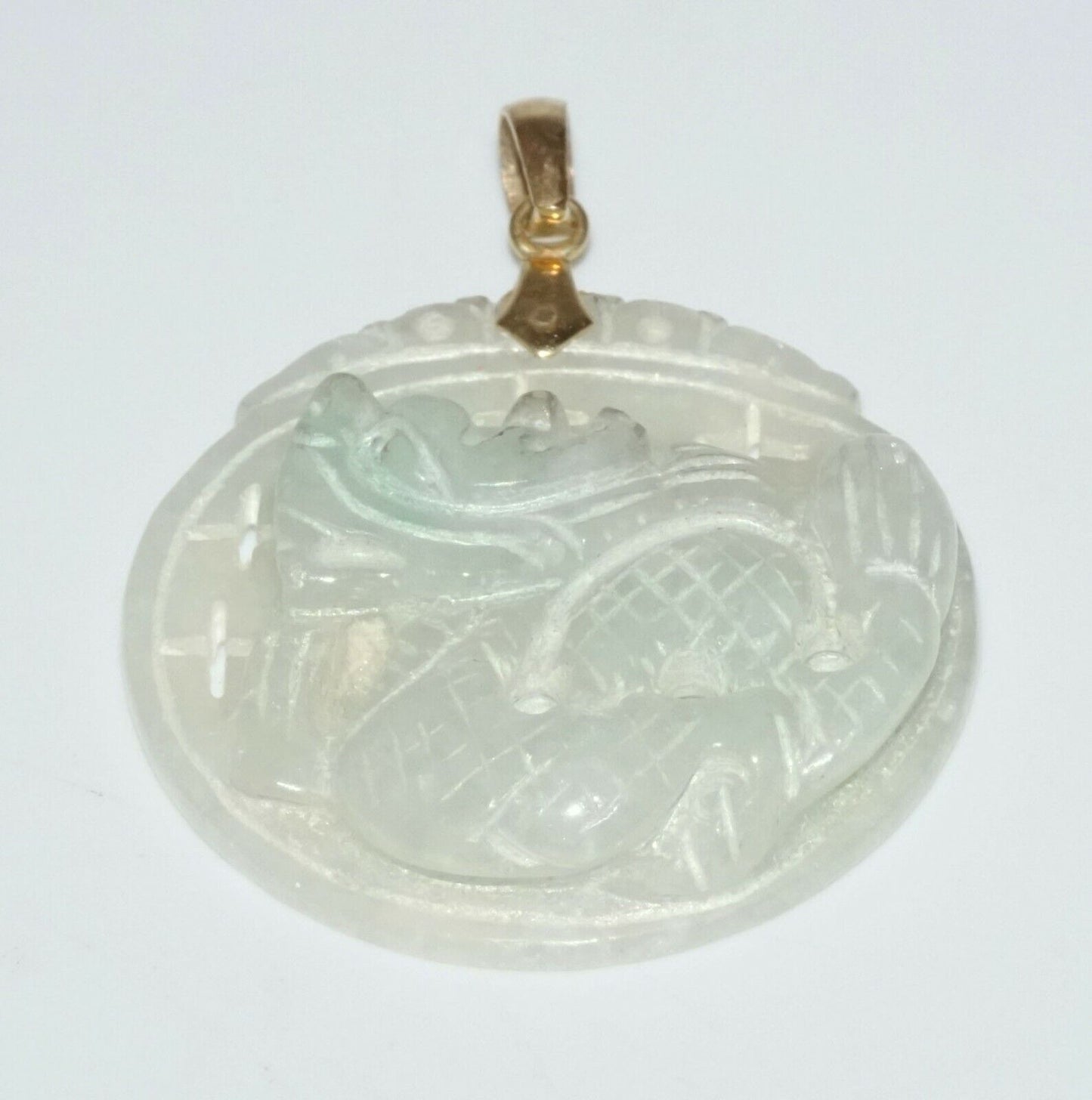 Chinese White & Green Pierced Jadeite Jade Dragon Motif Plaque Pendant (SaR)#289