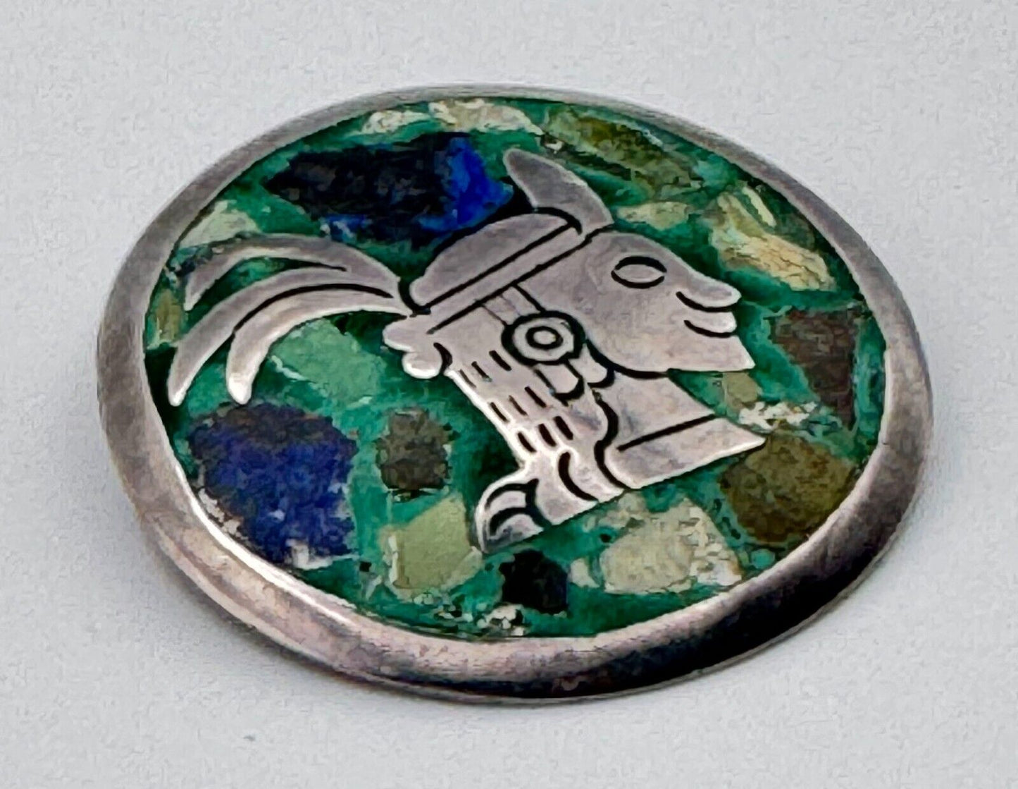 Vintage Mexican Sterling Silver Aztec Azurite Inlay Pin / Pendant (HoJ)