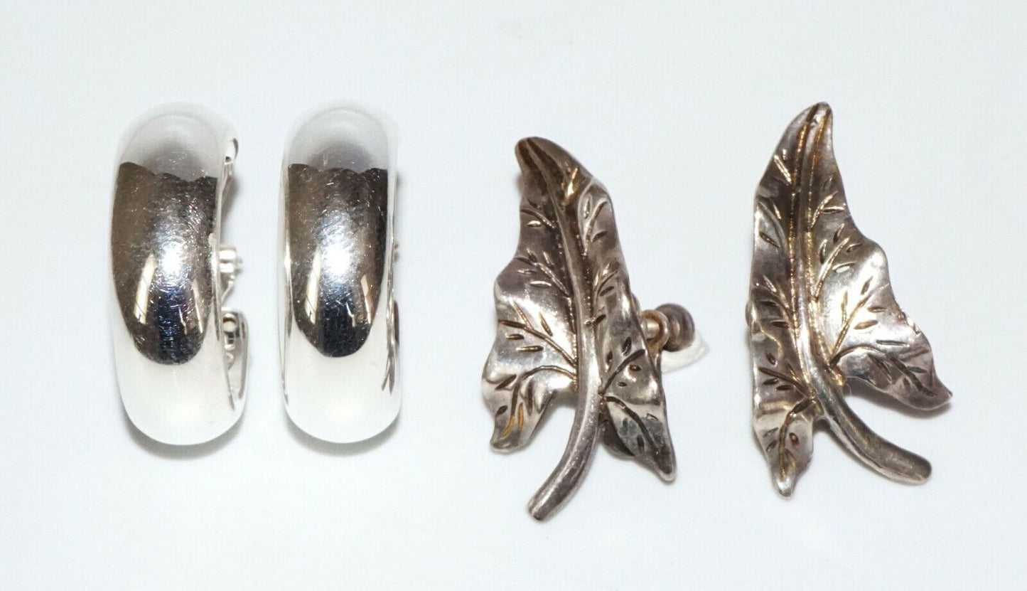 2x Pairs Vintage Sterling Silver Hoop & Leaf Motif Clip on Earrings (SaR)#382