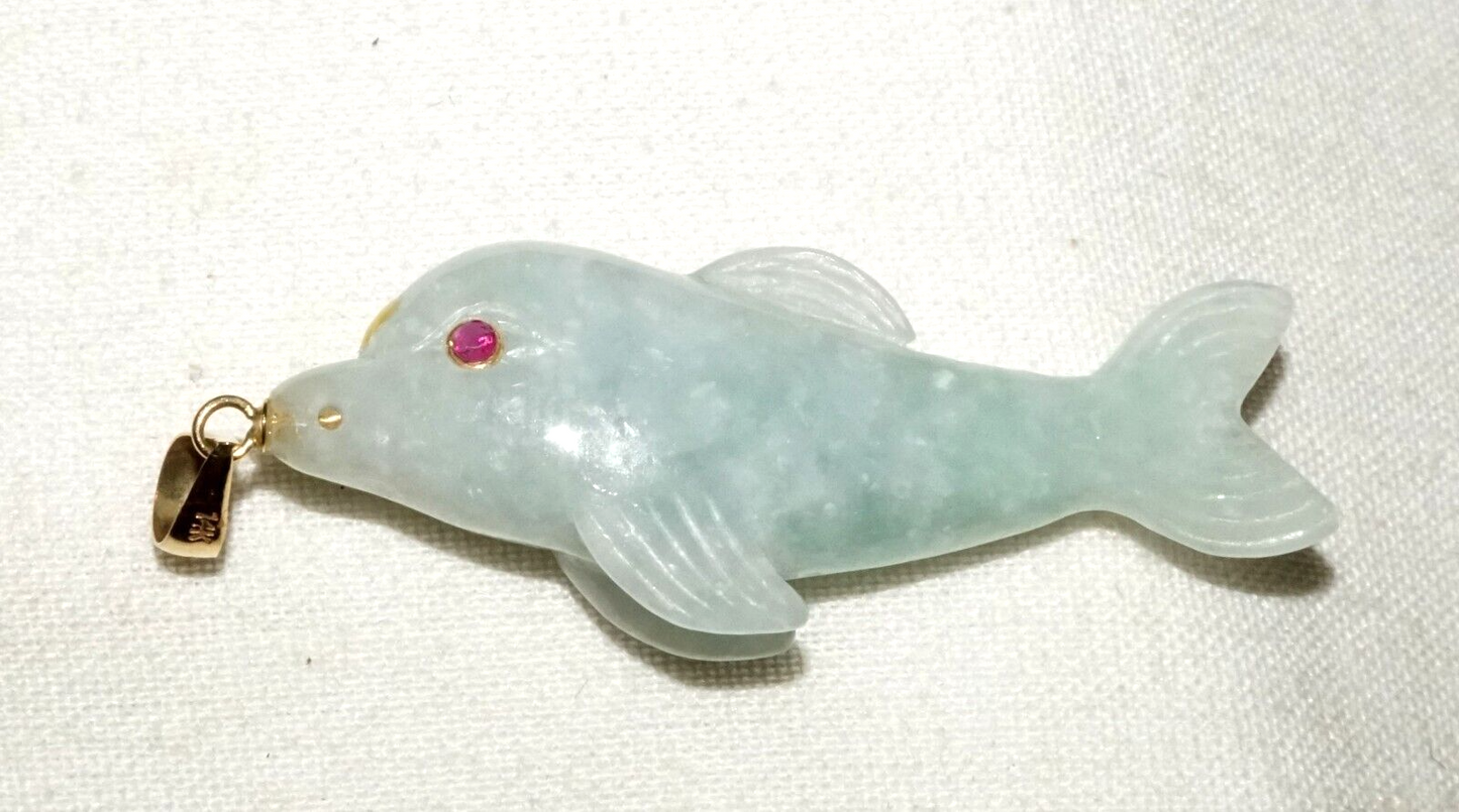 Vintage Chinese 14k Yellow Gold Jadeite Jade Dolphin Pendant w. Ruby Eyes (KiL)