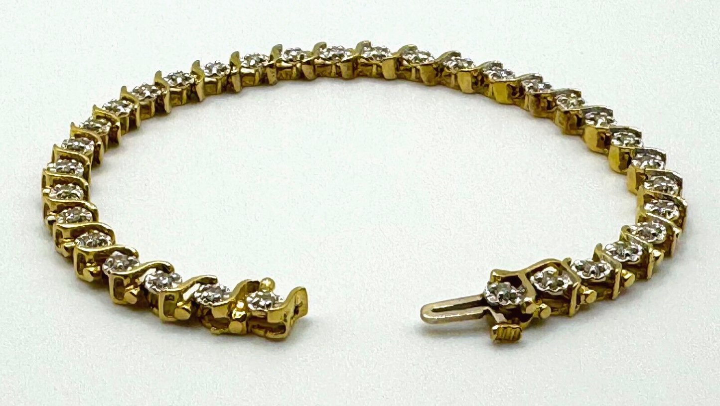 14K Yellow Gold 33x Diamond Tennis Bracelet Total 1 ct. w Box Safety Clasp (MeK)