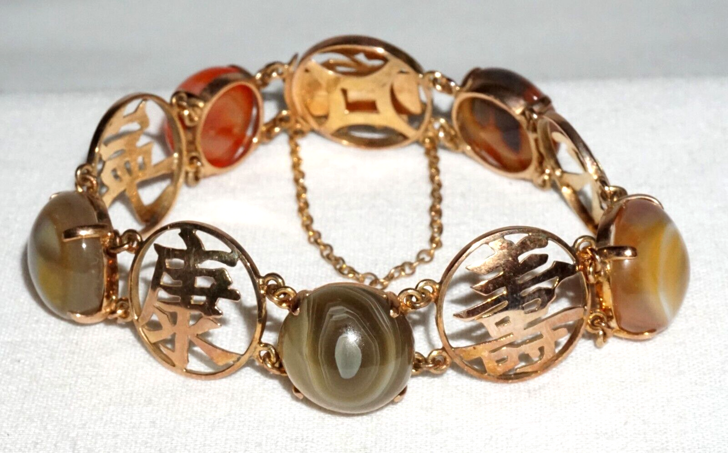 Vtg Chinese 14k Yellow Gold Auspicious Character Bracelet w. Stone Accents (InS)