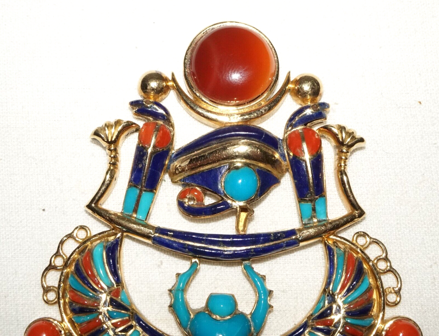 Vtg Egyptian 18k Yellow Gold & Enamel Lapis Eye Horus Ra Scarab Pendant (DaJ)