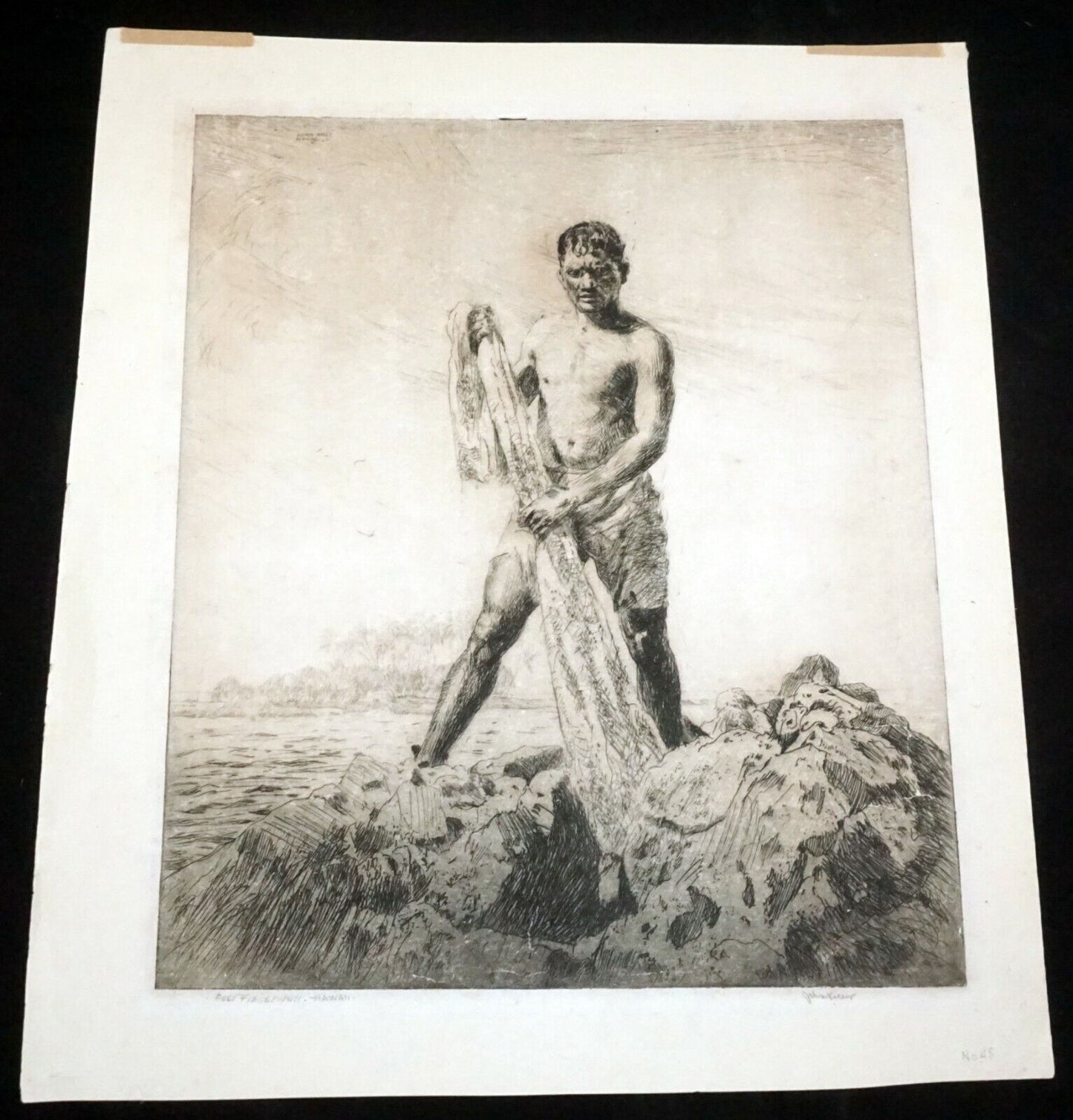 1928 Hawaii Etching Print Reef Fisherman by John Melville Kelly (1879-1962)(Kel)