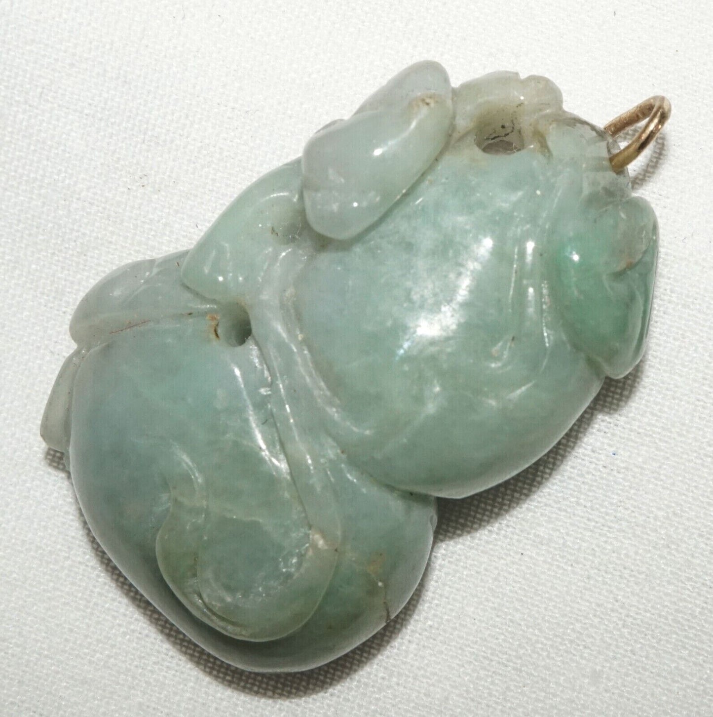 Vintage Chinese Double Gourd & Feline Motif Jadeite Jade Carved Pendant (AHB)