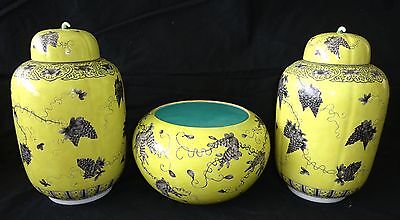 3PC Chinese Grisaille Decorated Yellow Ground Dayazhai Jars & Bowl (Geo) IC