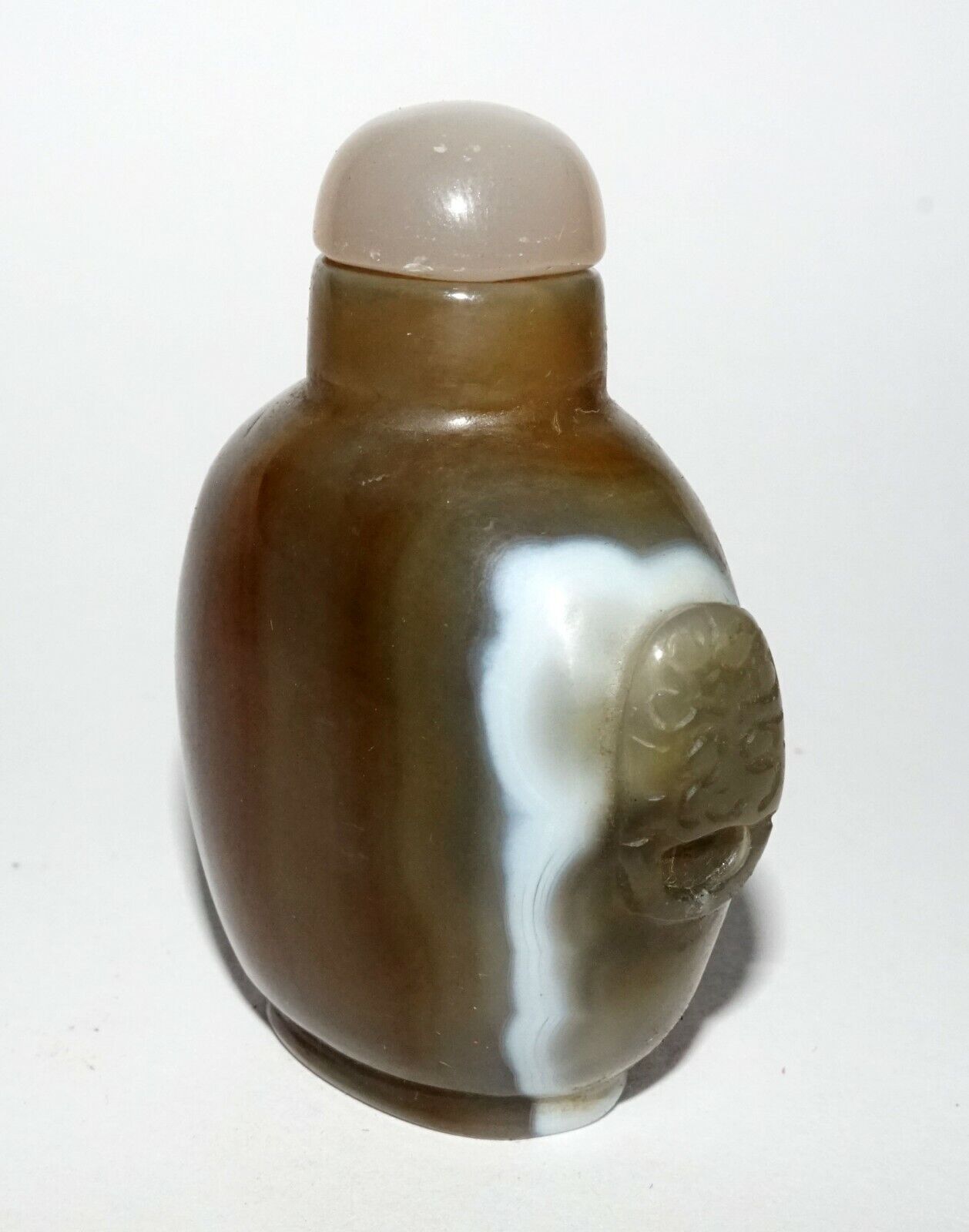 Vintage Chinese Agate Carved Snuff Bottle w. Mask Handles & Stopper (LeS) G1