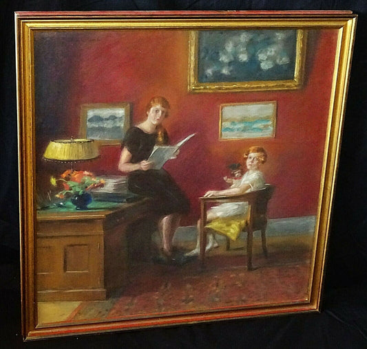 1925 US Pastel Painting Interior w. Mother & Daughter by illegibly signed (ScD)