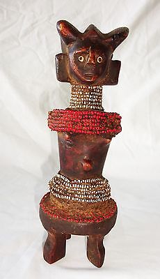 20CT African Zaire Tribal Ancestral Figure Sculpture Carving w Bead Accents(Eic)