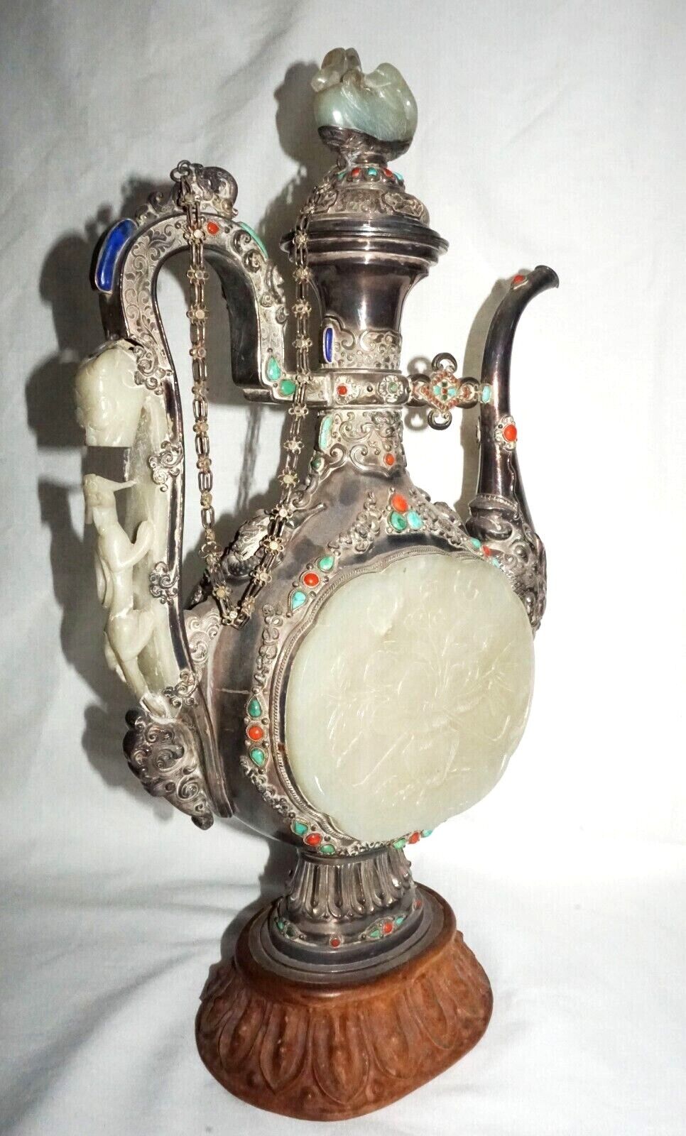 Mongolian Silver Ewer w. White Jade Plaques Dragon Hook Coral Turquoise (LeD)