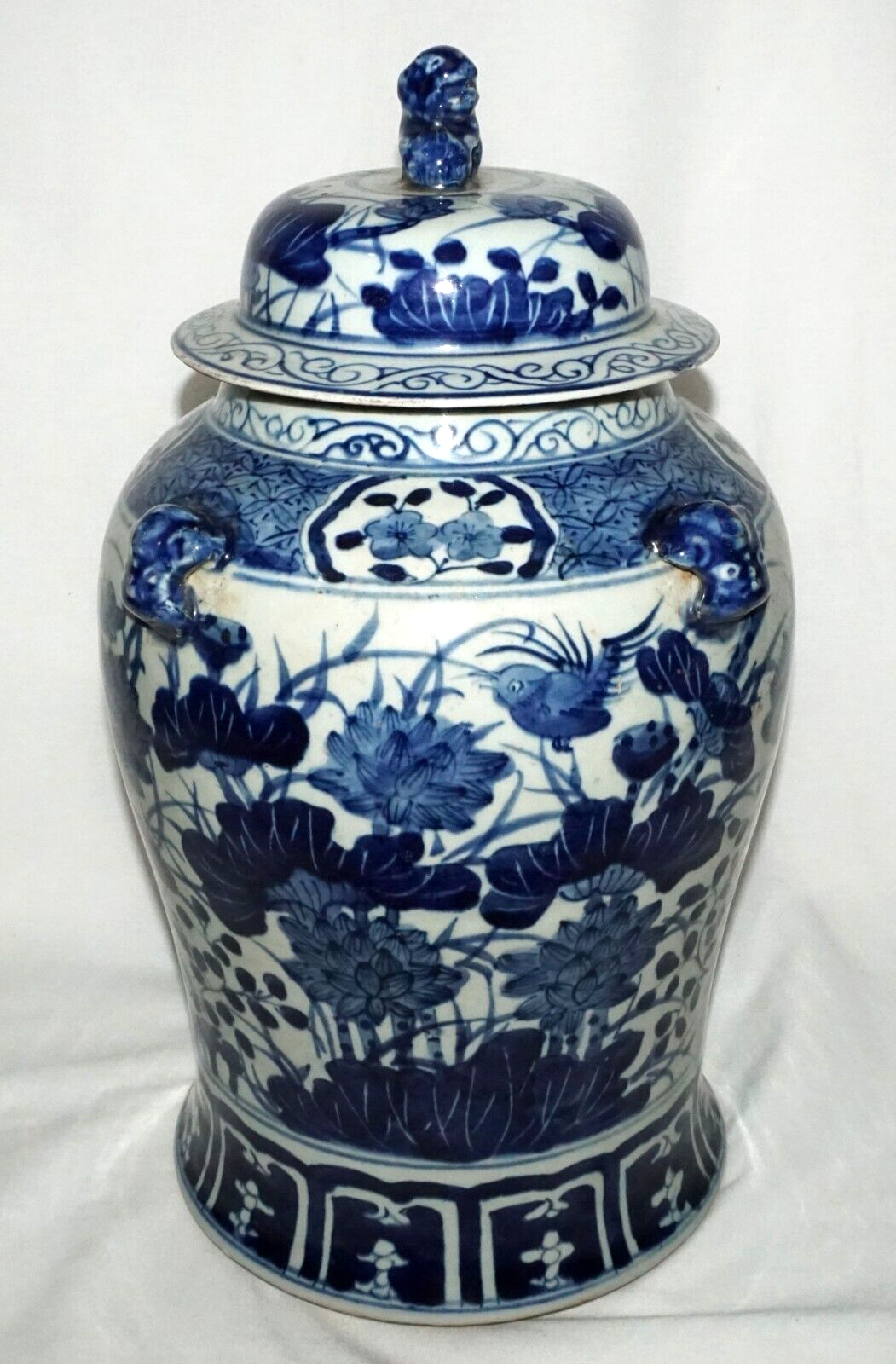 Antique Chinese Covered Jar w. Lotus & Bird Motifs in Blue Enamels (NiC)