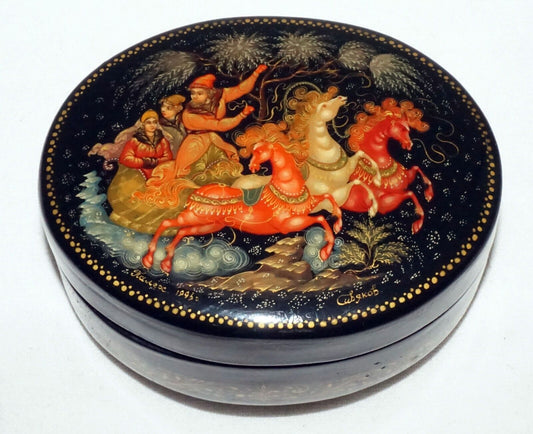 Vintage Russian Lacquer Box Three Figures in a Horse Drawn Sleigh signed (AHB)