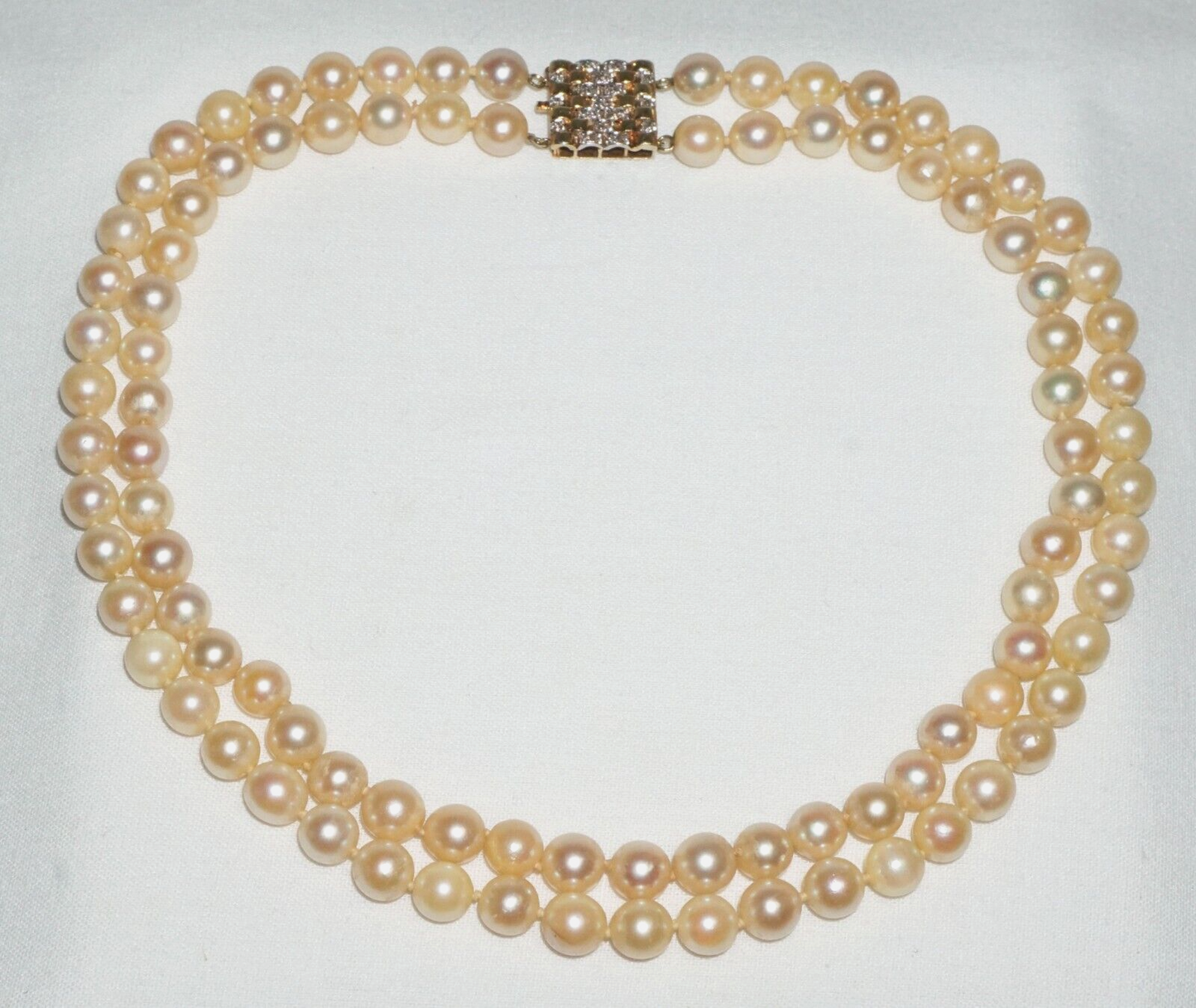 Vintage Double Strand Pearl Necklace 14k Y. Gold Clasp w. 28x Diamonds (BiB)