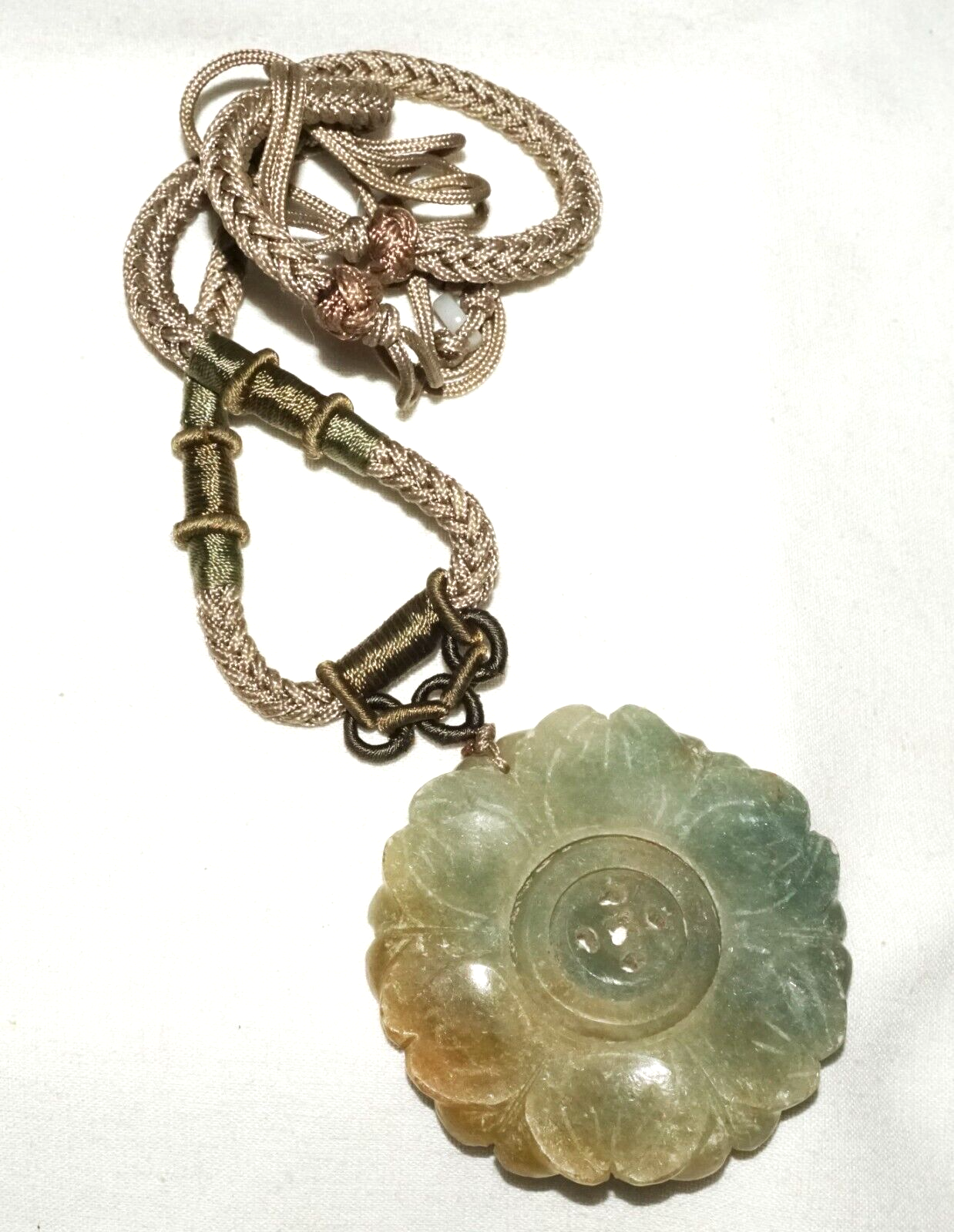 Antique Chinese Jade Carved Flower Pendant w. Double Spinning Center (LeS)L24