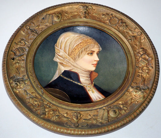 Continental Porcelain & Enamel Female Portrait Painting Gilt Bronze Frame (RiS)
