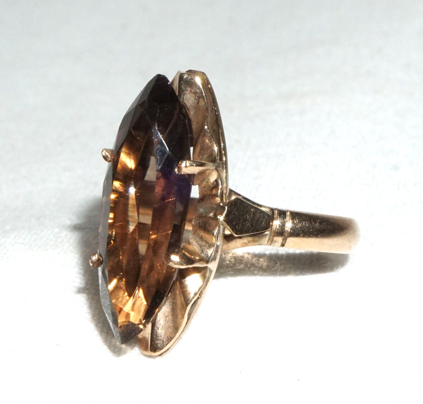 Vintage 14k Yellow Gold Ring Sz.5.5 set 1x Marquise Cut Smoky Quartz (BrM)L3