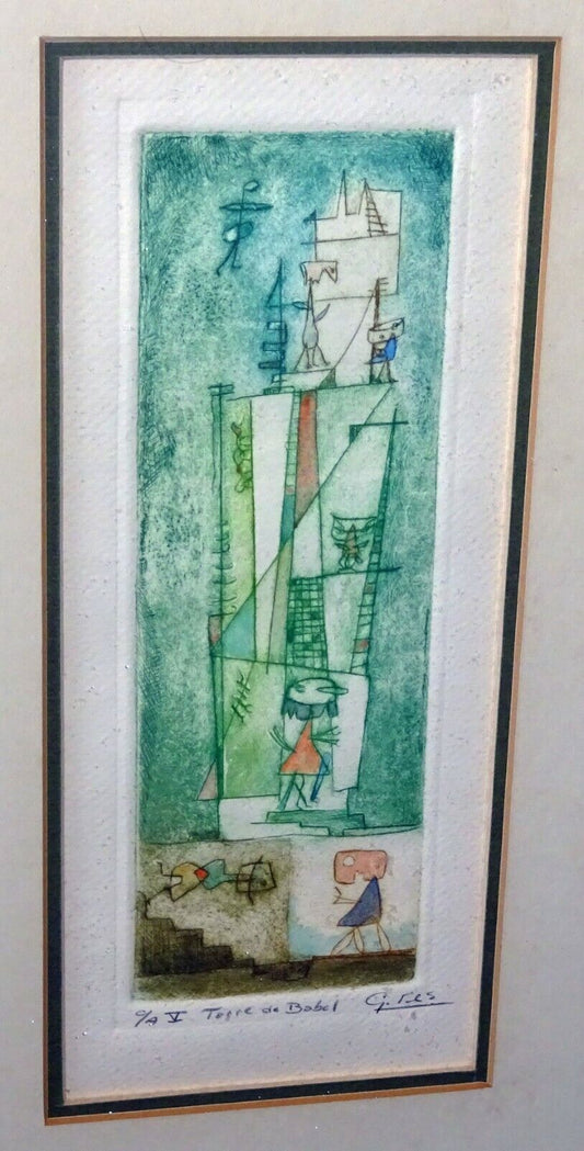 Vintage Spanish Abstract Etching Print "Torre de Babel" by G. Res (CuM)