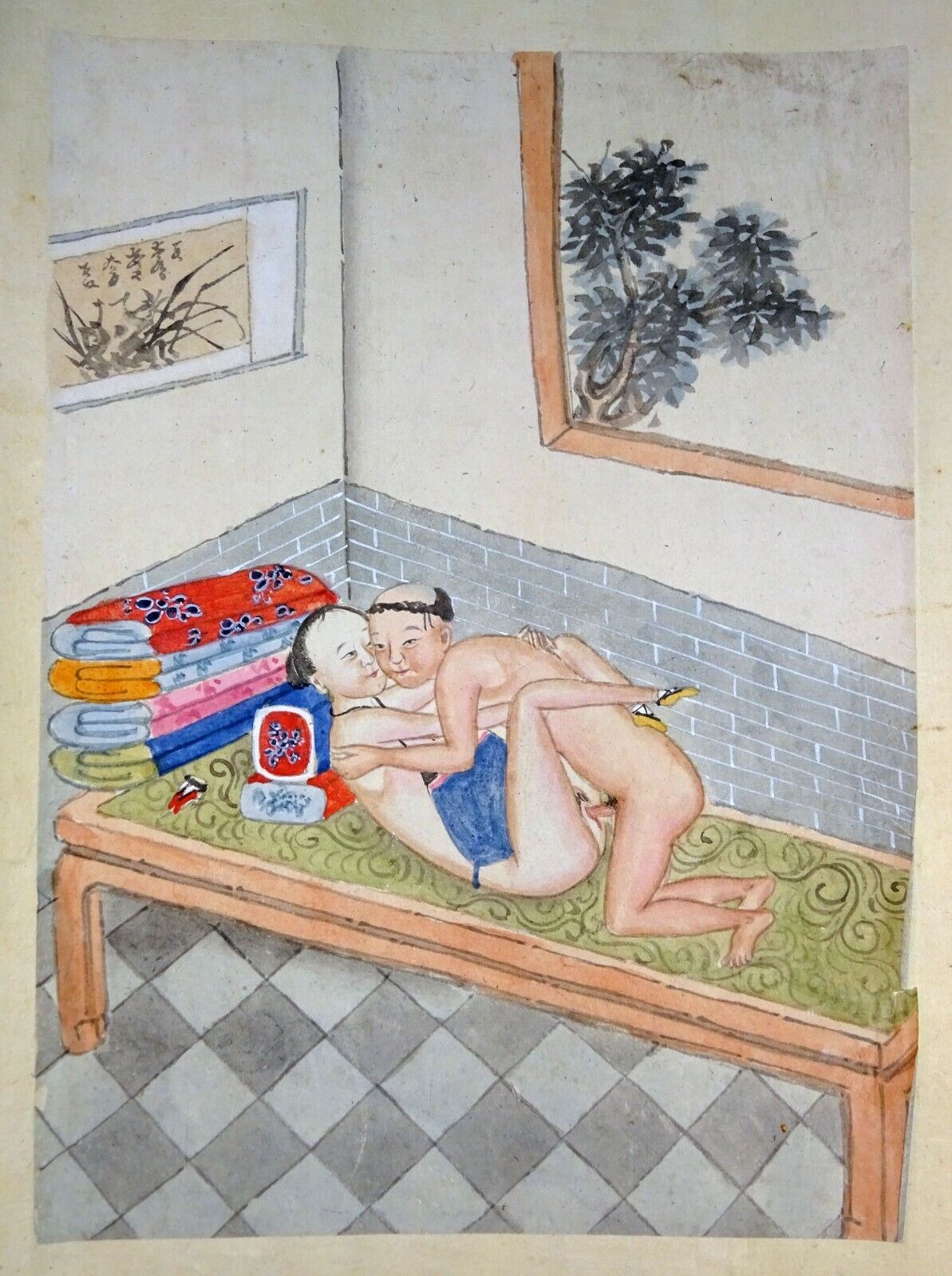 19C Chinese Erotic Pillow Color Paintings for Newly Married Couple (SoM) #12