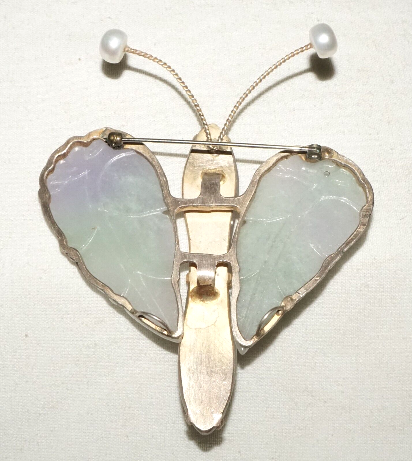 Vintage Chinese Large Butterfly Brooch Pendant w. 3x Lavender Jade Accents (LeP)