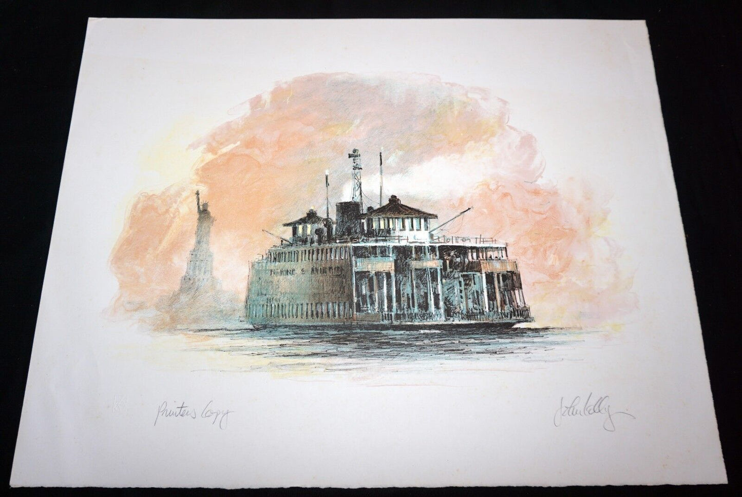 1970s N.Y. Lithograph Print P.C. "Fairy Boat & Lady Liberty" by John Kelly (Mod)