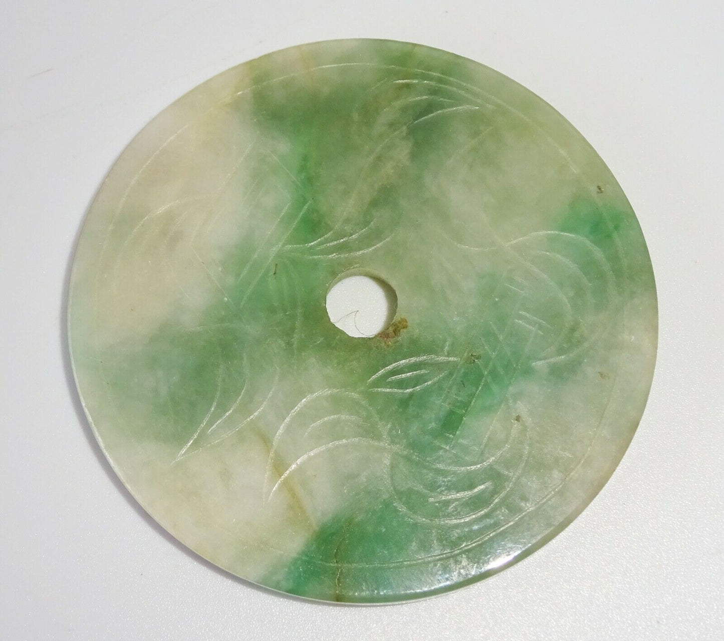 20C Chinese Jadeite Jade Incised Petal Motif Disk Carving (FeO) #37a