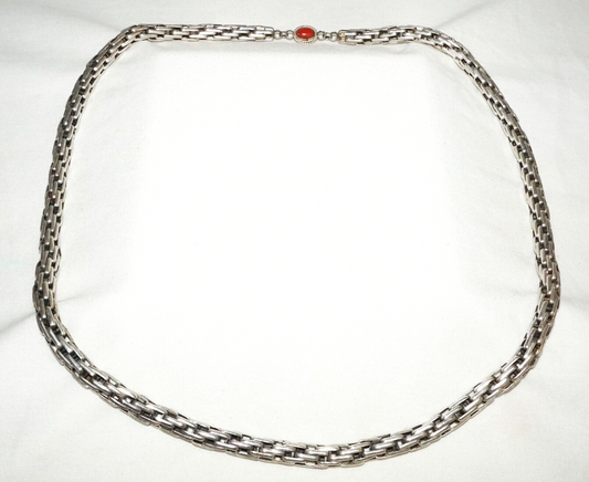 Vintage Tubular Silver Link Necklace w Bezel set Turquoise & Coral Pendant (PaS)