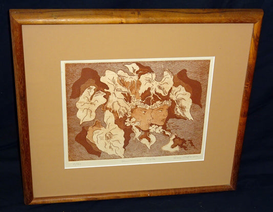 '80s Hawaii Sepia Etching Print 11/20 "Hawaiian Style" by Gay Jefferson (Wil)