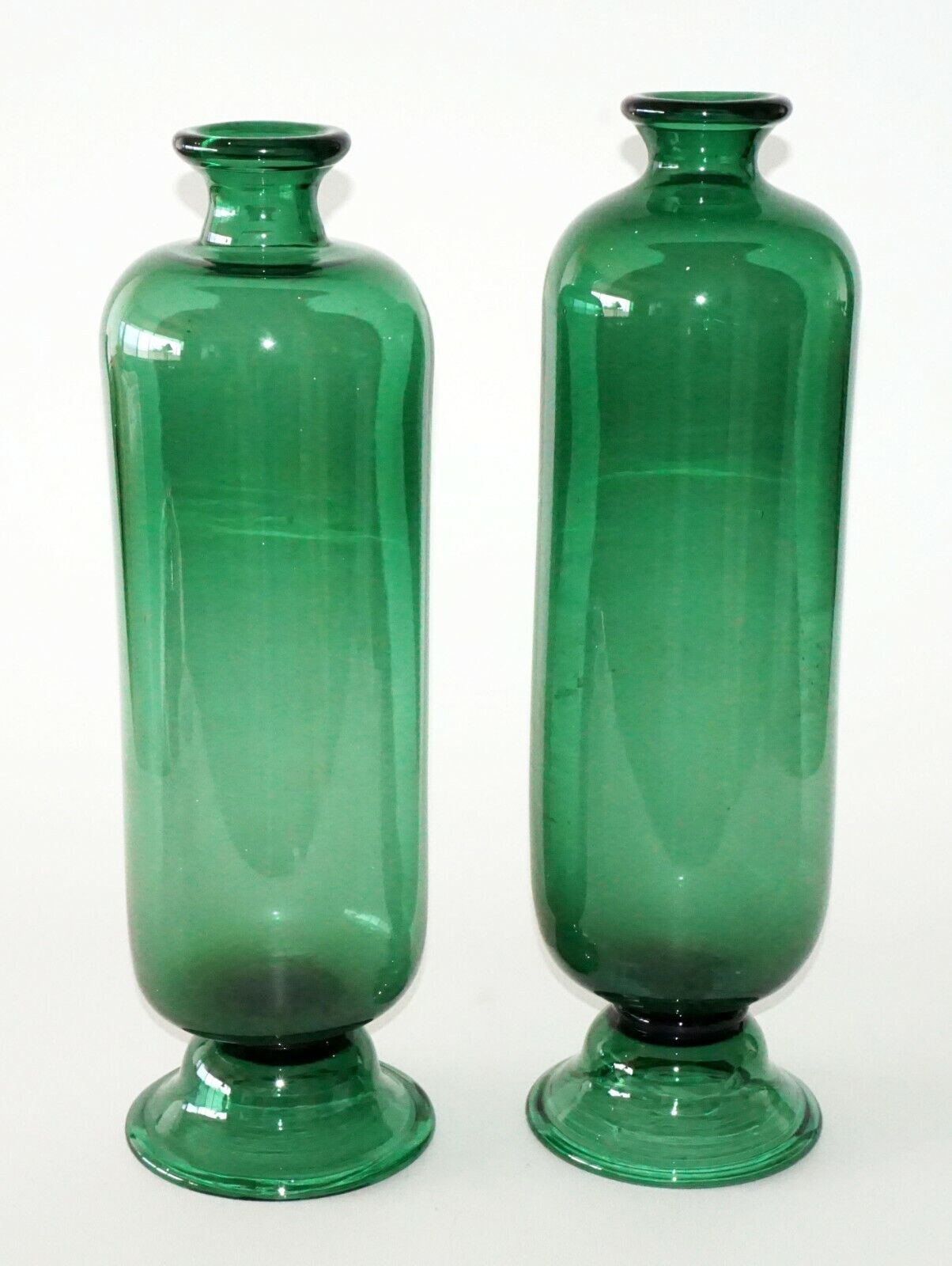 19C Pair English Birmingham 18" Tall Footed Green Glass Bottle Vases (FLA)