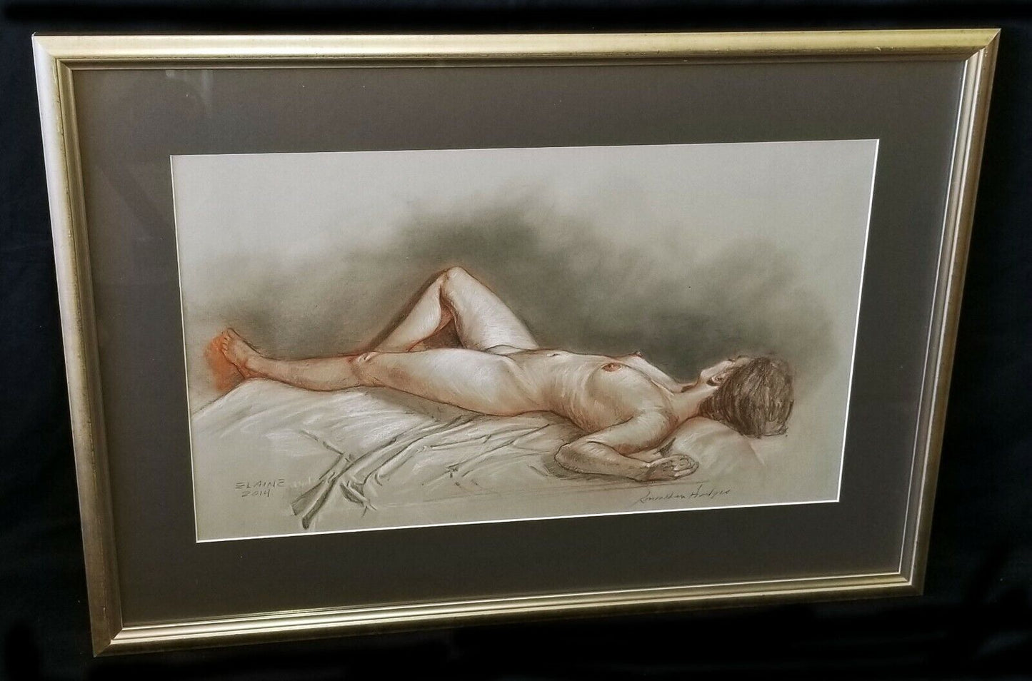 Hawaii Framed Mixed Media Painting Sleeping Nude by Snowden Hodges (Sho)