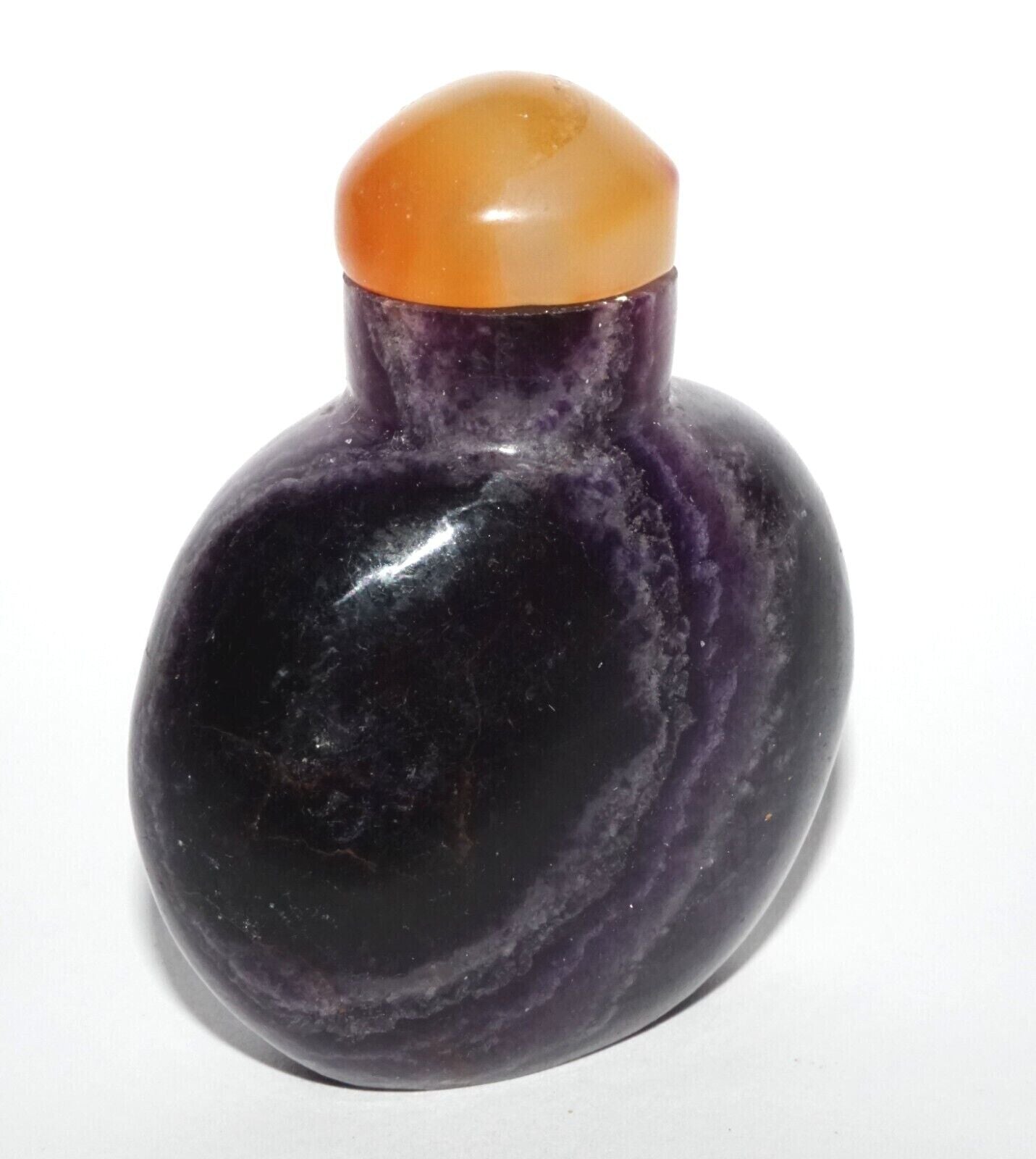 Vintage Chinese Purple Fluorite Carved Snuff Bottle w. Agate Stopper (LeS) G8