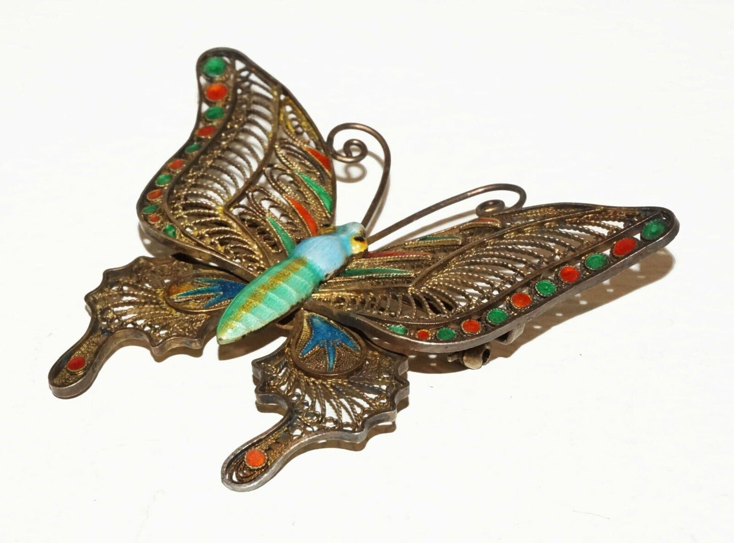 Vintage Chinese Gilt Silver Filigree & Enamel Large Butterfly Brooch (BrM)#15