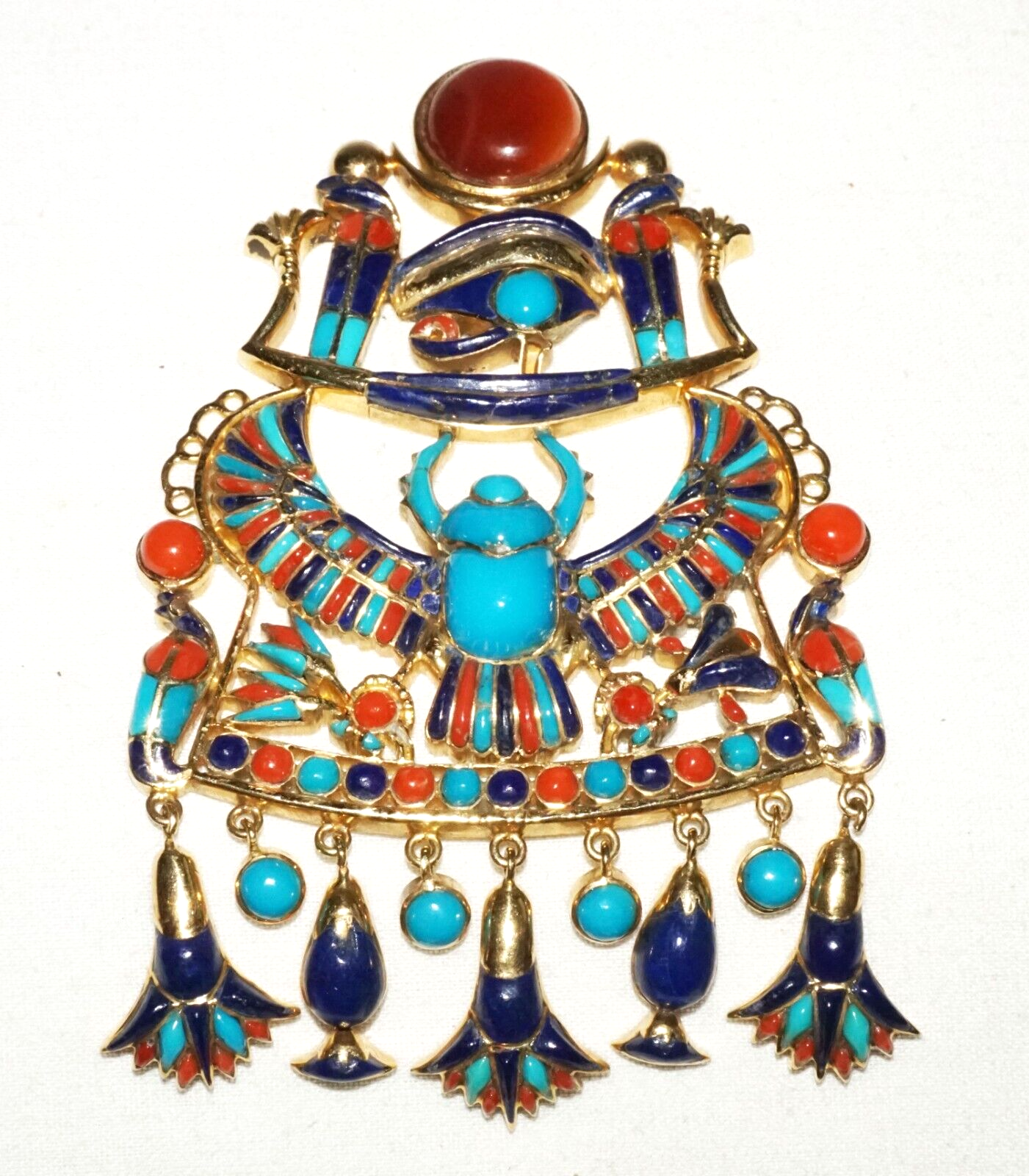 Vtg Egyptian 18k Yellow Gold & Enamel Lapis Eye Horus Ra Scarab Pendant (DaJ)