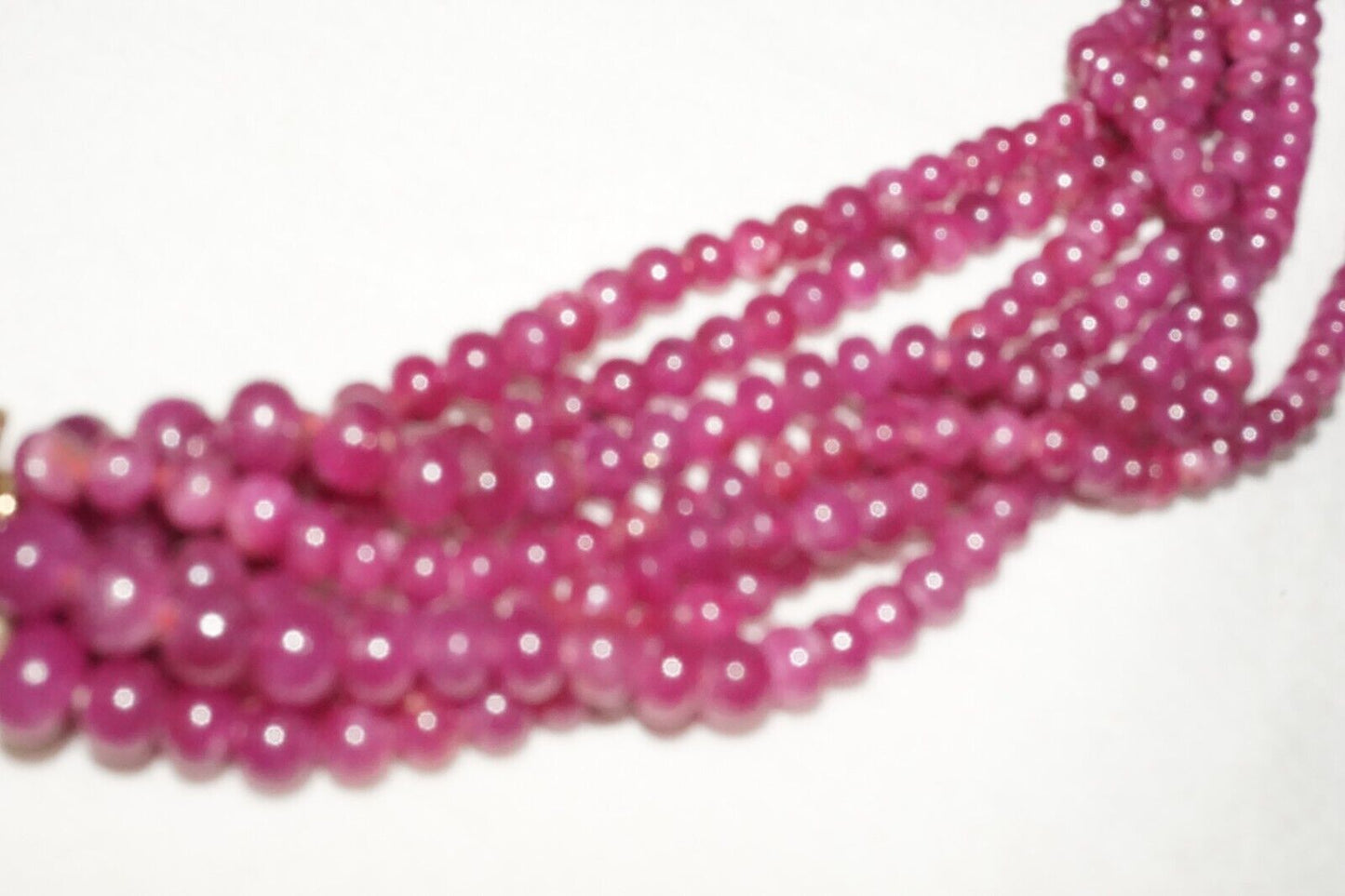 Vintage 7x Strand Ruby Bead Necklace w. 14k Y. Gold Double Leopard Clasp (LeD)