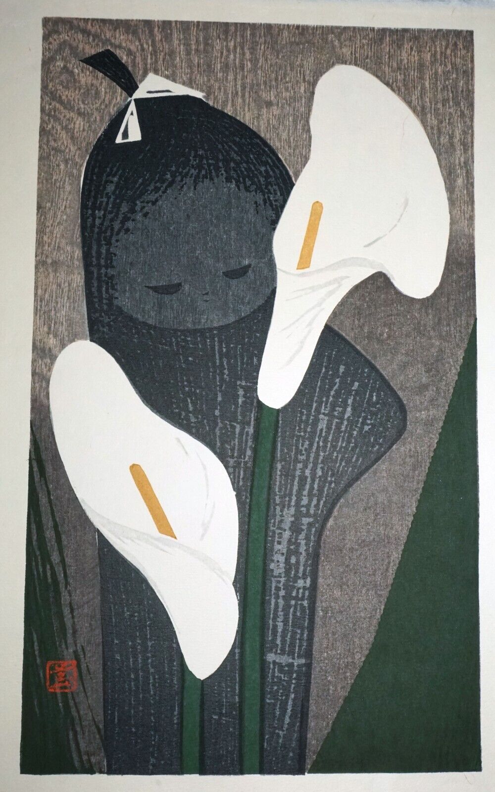 1950s Japanese Woodblock Print Girl & Anthuriums Kawano Kaoru (1916-1965)(KiL)4