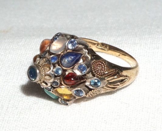 Vintage 10K Yellow Gold Princess Ring Sz. 4.5 w. Multicolor Gemstones (BrM)L3