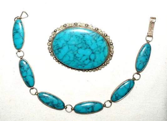 2Pc Vintage Mexican Sterling Silver & Turquoise Bracelet & Brooch Pin (TuD