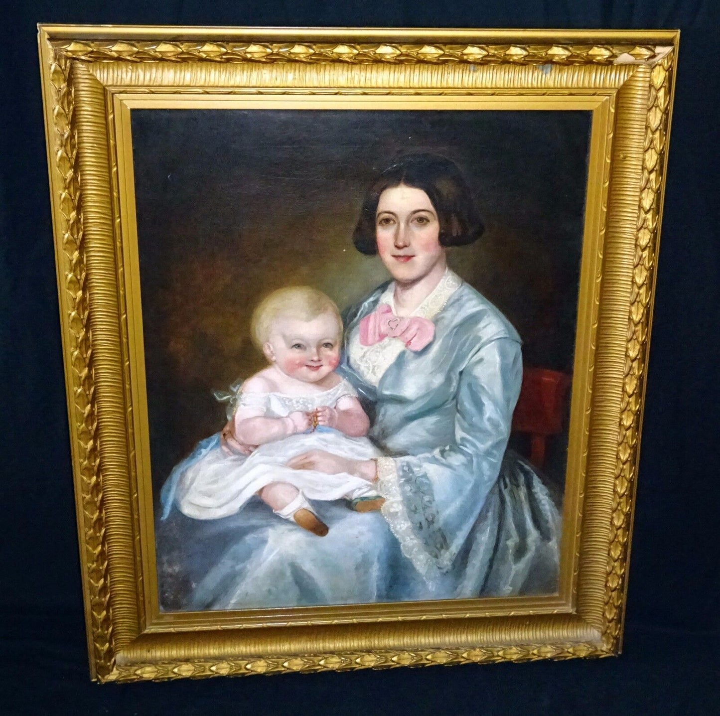 19C Canadian Folk Oil Painting Mother & Baby attrib Robert Whale (1805-87) (Sto)