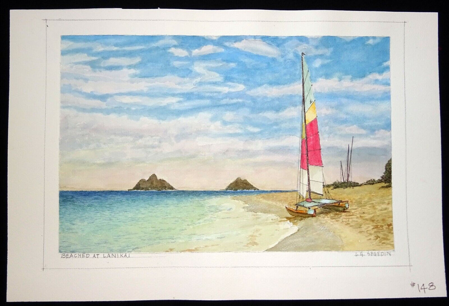 Hawaii Watercolor Painting "Hobie Cat Beached at Lanikai Beach" L. Segedin #148