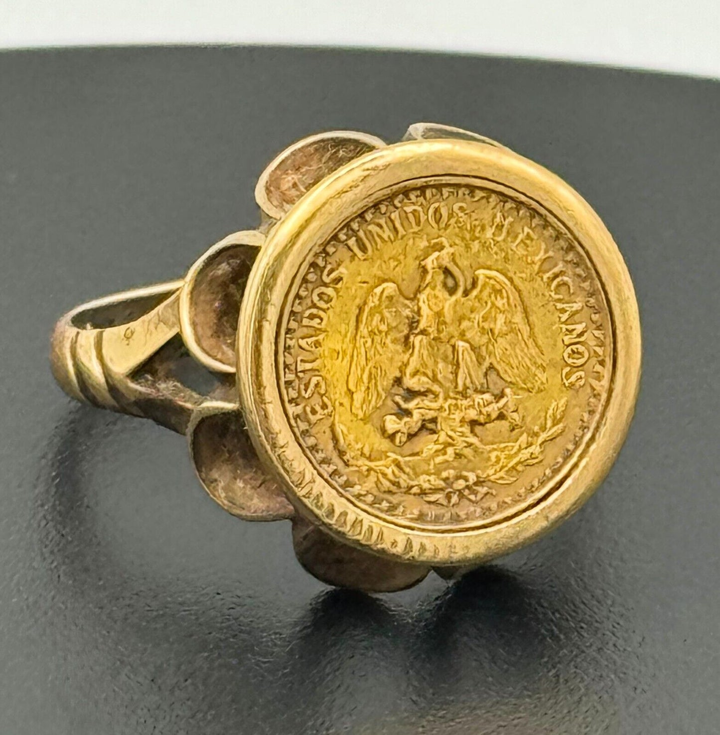 Vtg Mexican 14k Yellow Gold Ring Sz. 7 w 21k Yellow Gold Dos Pesos Coin (McC)