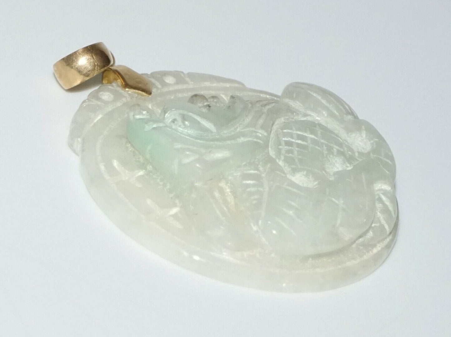 Chinese White & Green Pierced Jadeite Jade Dragon Motif Plaque Pendant (SaR)#289