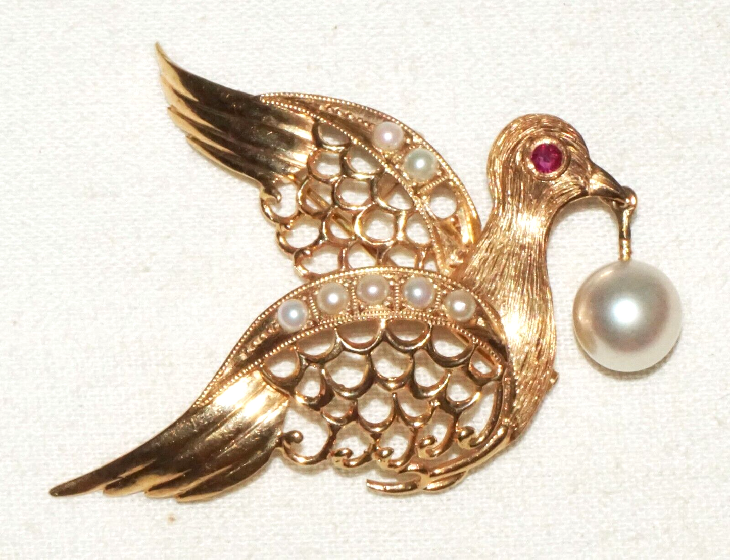 Vintage 14k Yellow Gold Dove Motif Brooch Pendant w. Ruby & Pearl Accents (KiL)