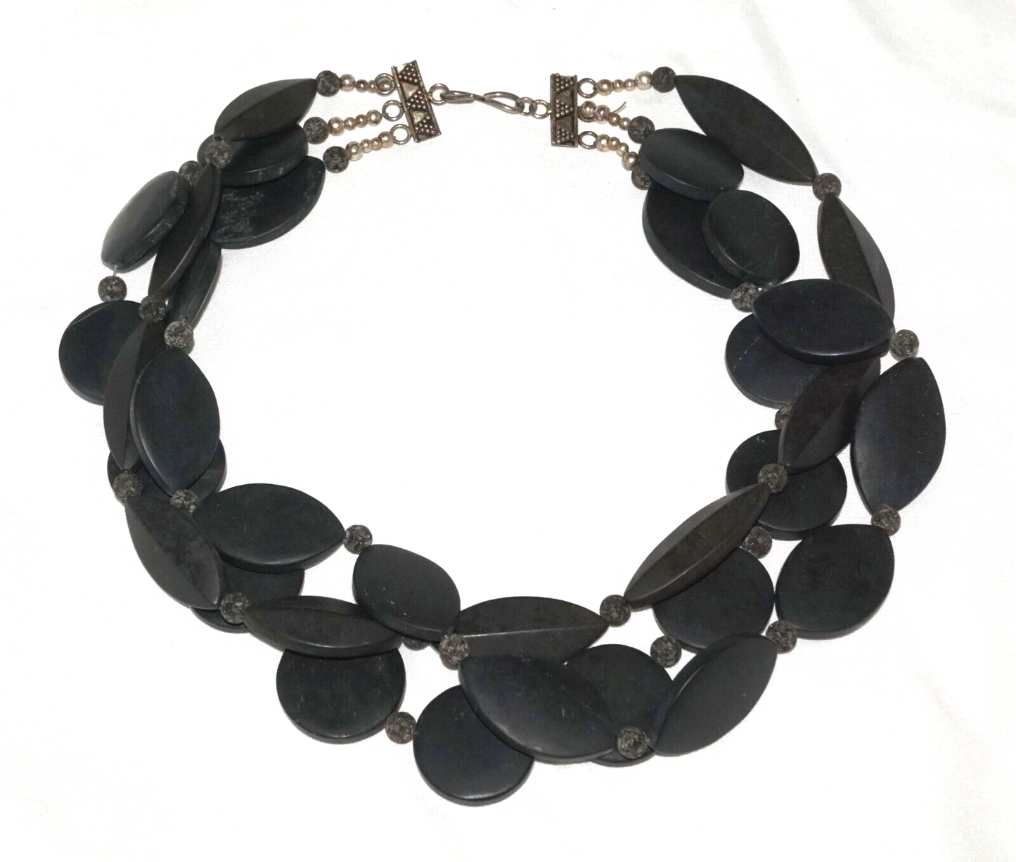 Triple Strand Black Hard Stone Bead Necklace w Silver-Tone Clasp (MaM)16