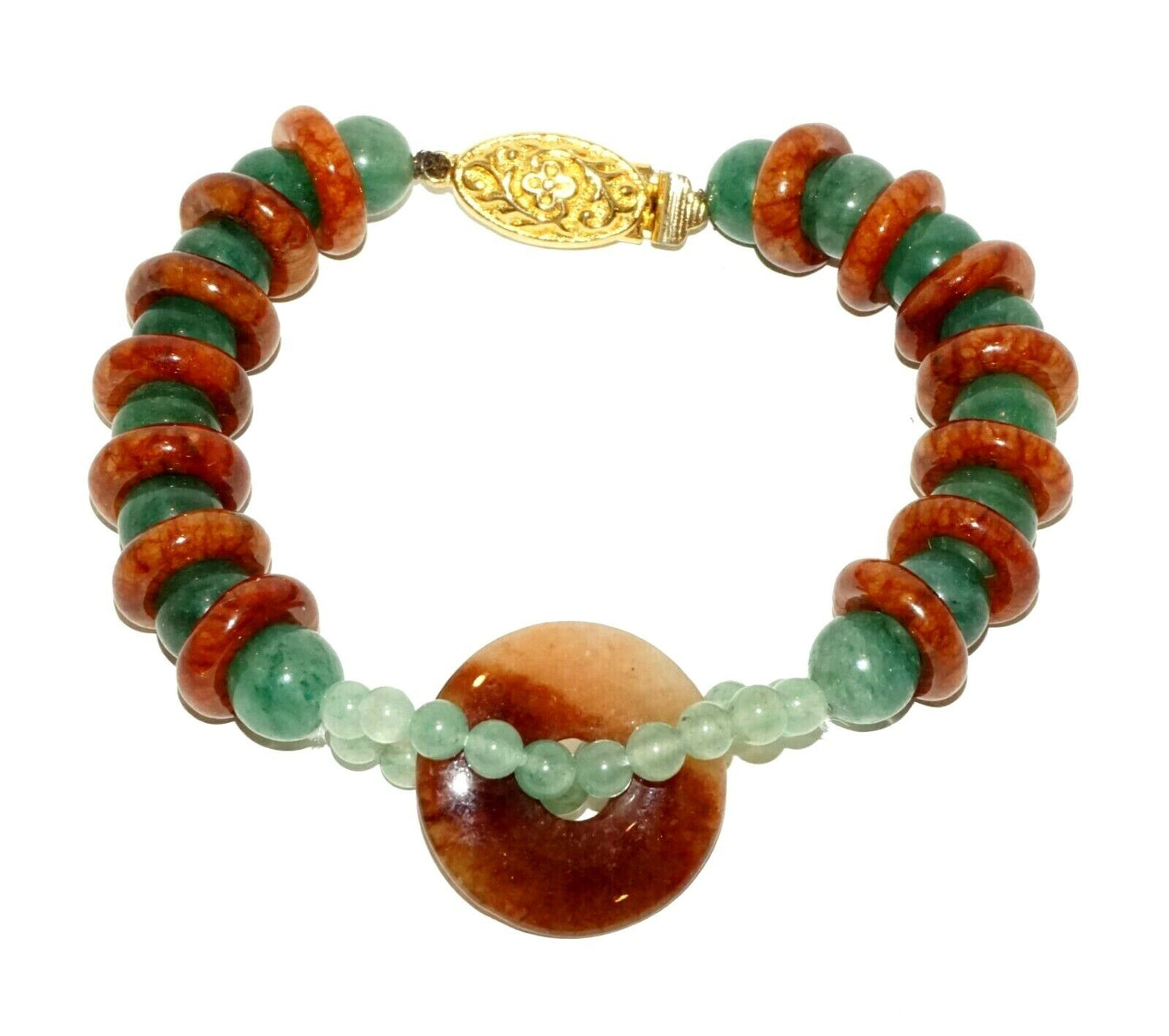 Vintage Chinese Red & Green Jadeite Jade Bead Bracelet w. Base Clasp (LeP)#13